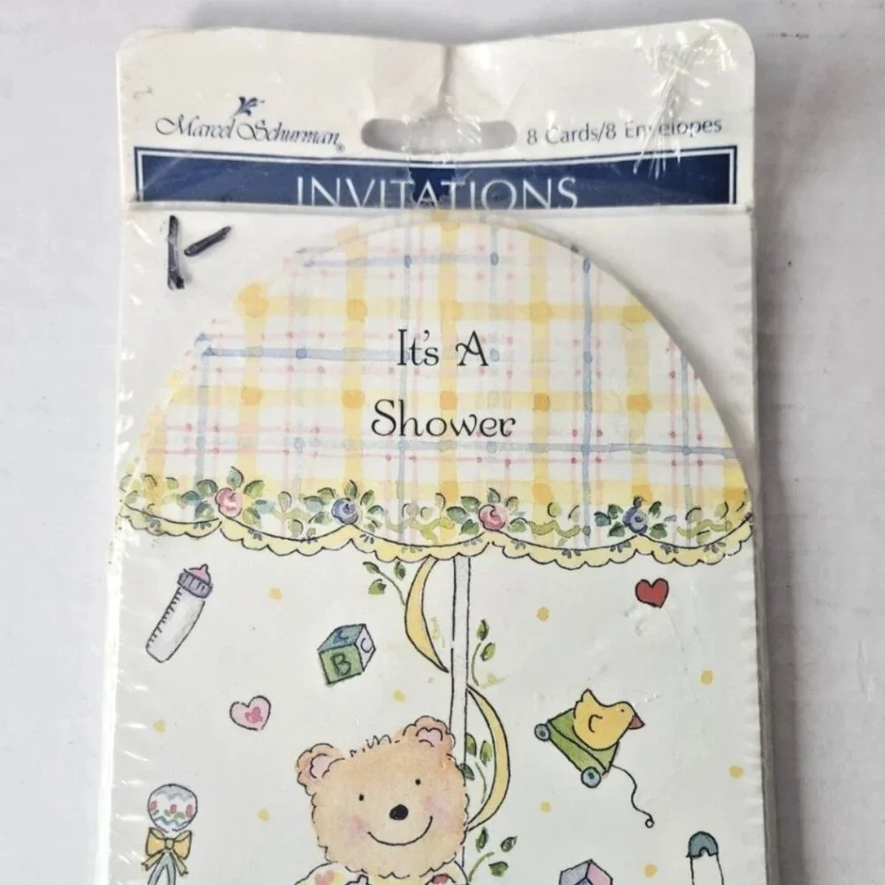Vintage Baby Shower Invitations Marcel Schurman Sealed Teddy Bear Umbrella